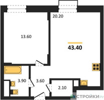 Планировка однокомнатной(квартира) площадью 43.4 квадратных метров в “ЖК Резиденции Сколково”