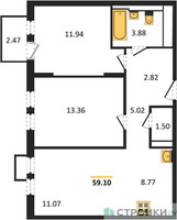 Планировка двухкомнатной(квартира) площадью 59.1 квадратных метров в “ЖК Остафьево”