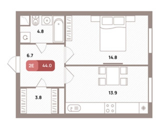 Планировка однокомнатной(квартира) площадью 44 квадратных метров в ЖК “ЖК Проспект 39”