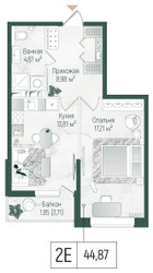 Планировка однокомнатной(квартира) площадью 46.73 квадратных метров в ЖК “ЖК Рига Хиллс”
