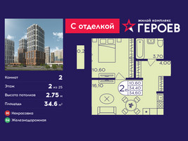 Планировка двухкомнатной(квартира) площадью 34.6 квадратных метров в “ЖК Героев”