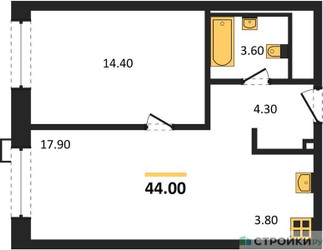 Планировка однокомнатной(апартаменты) площадью 44 квадратных метров в ЖК “ЖК Верейская 41”