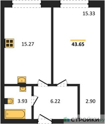 Планировка однокомнатной(квартира) площадью 43.5 квадратных метров в ЖК “ЖК Self (Селф)”