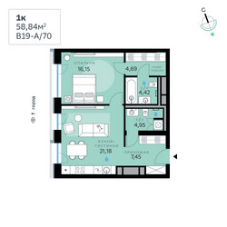 Планировка однокомнатной(квартира) площадью 58.84 квадратных метров в ЖК “СберСити в Рублево-Архангельском”
