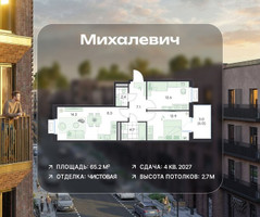 Планировка трехкомнатной(квартира) площадью 65.2 квадратных метров в “ЖК Михалевич”