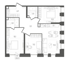 Планировка трехкомнатной(квартира) площадью 80 квадратных метров в “ЖК ПЕЙВ”