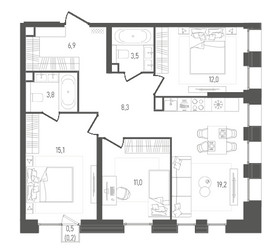 Планировка трехкомнатной(квартира) площадью 80 квадратных метров в ЖК “ЖК ПЕЙВ”