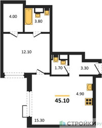 Планировка однокомнатной(квартира) площадью 45.1 квадратных метров в ЖК “ЖК Новая Щербинка”