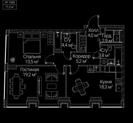 Планировка двухкомнатной(квартира) площадью 71.3 квадратных метров в ЖК “ЖК СЕЗАР БУДУЩЕЕ”