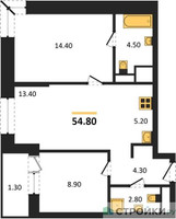 Планировка двухкомнатной(квартира) площадью 55.4 квадратных метров в “ЖК Пушкино Град”