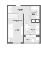 Планировка однокомнатной(квартира) площадью 34.1 квадратных метров в ЖК “ЖК Клевер”