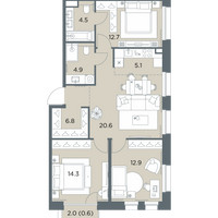 Планировка 4+ комнатной(квартира) площадью 82.4 квадратных метров в “ЖК Станиславский”