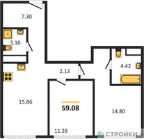 Планировка двухкомнатной(квартира) площадью 58.84 квадратных метров в “ЖК 1-й Нагатинский (Первый Нагатинский)”