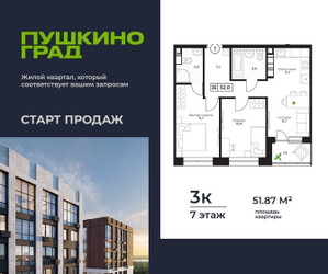 Планировка трехкомнатной(квартира) площадью 51.87 квадратных метров в ЖК “ЖК Пушкино Град”