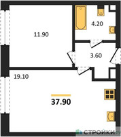 Планировка однокомнатной(квартира) площадью 37.9 квадратных метров в “ЖК ЗИЛАРТ”
