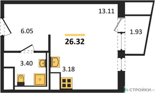 Планировка студии(квартира) площадью 26.32 квадратных метров в “ЖК Горки Парк”