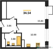 Планировка однокомнатной(квартира) площадью 34.54 квадратных метров в “ЖК Алхимово”