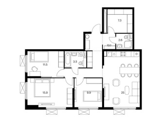 Планировка трехкомнатной(квартира) площадью 88.7 квадратных метров в ЖК “ЖК Яуза Парк (Мытищи)”
