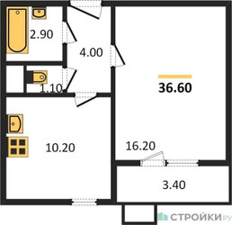 Планировка однокомнатной(квартира) площадью 36.6 квадратных метров в ЖК “ЖК Первый Лермонтовский”