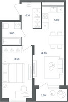 Планировка однокомнатной(квартира) площадью 42.7 квадратных метров в “ЖК Равновесие”