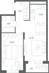 Планировка однокомнатной(квартира) площадью 42.7 квадратных метров в ЖК “ЖК Равновесие”