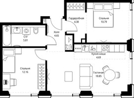 Планировка двухкомнатной(квартира) площадью 61.33 квадратных метров в “ЖК СЕТ”