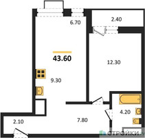Планировка однокомнатной(квартира) площадью 43.6 квадратных метров в “ЖК Бунинские кварталы”