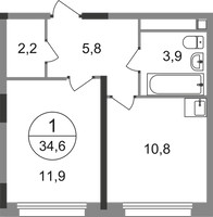 Планировка однокомнатной(квартира) площадью 34.6 квадратных метров в “ЖК Переделкино Ближнее”