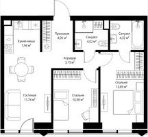 Планировка двухкомнатной(апартаменты) площадью 60.09 квадратных метров в “ЖК JOIS (Джойс)”