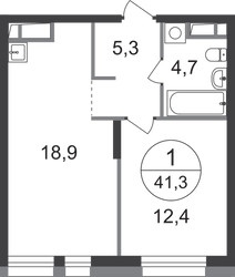 Планировка однокомнатной(квартира) площадью 41.3 квадратных метров в ЖК “ЖК Первый Московский”