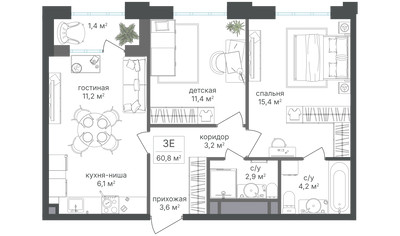 Планировка трехкомнатной(квартира) площадью 59.4 квадратных метров в ЖК “ЖК Михалковский”
