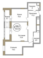 Планировка двухкомнатной(квартира) площадью 62.5 квадратных метров в “ЖК Большая Семерка”