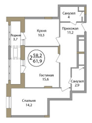 Планировка двухкомнатной(квартира) площадью 62.5 квадратных метров в ЖК “ЖК Большая Семерка”