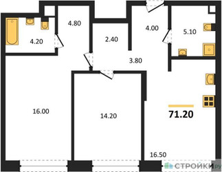 Планировка двухкомнатной(квартира) площадью 71.2 квадратных метров в ЖК “ЖК Мангазея на Речном”