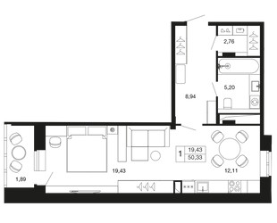 Планировка студии(квартира) площадью 50.3 квадратных метров в ЖК “ЖК Времена года”
