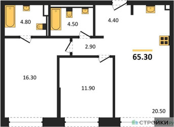 Планировка двухкомнатной(квартира) площадью 65.3 квадратных метров в ЖК “ЖК СТОУН Райз”