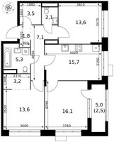 Планировка трехкомнатной(квартира) площадью 84.5 квадратных метров в “ЖК 1-й Саларьевский (Первый Саларьевский)”