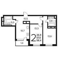 Планировка двухкомнатной(квартира) площадью 58.4 квадратных метров в “Новые Ватутинки. Заречный”