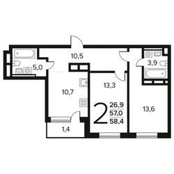 Планировка двухкомнатной(квартира) площадью 58.4 квадратных метров в ЖК “Новые Ватутинки. Заречный”