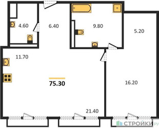Планировка однокомнатной(квартира) площадью 75.9 квадратных метров в ЖК “ЖК OPUS (Опус)”