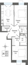 Планировка двухкомнатной(квартира) площадью 63.4 квадратных метров в ЖК “ЖК КИНОКВАРТАЛ”