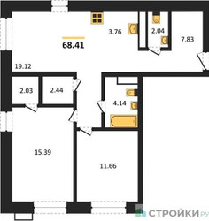 Планировка двухкомнатной(квартира) площадью 68.41 квадратных метров в ЖК “ЖК Квартал Румянцево (МелиСад)”