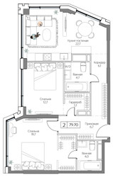 Планировка двухкомнатной(квартира) площадью 79 квадратных метров в ЖК “ЖК Дрим Рива”