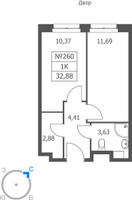 Планировка однокомнатной(апартаменты) площадью 32.88 квадратных метров в “ЖК Волковская 67”