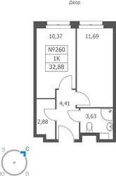 Планировка однокомнатной(апартаменты) площадью 32.88 квадратных метров в ЖК “ЖК Волковская 67”