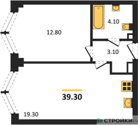 Планировка однокомнатной(квартира) площадью 39.3 квадратных метров в ЖК “ЖК ЗИЛАРТ”