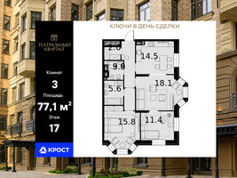 Планировка трехкомнатной(квартира) площадью 77.1 квадратных метров в “ЖК Театральный квартал”