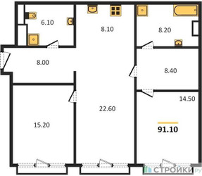 Планировка двухкомнатной(квартира) площадью 91.1 квадратных метров в ЖК “ЖК OPUS (Опус)”