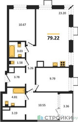 Планировка трехкомнатной(квартира) площадью 81.39 квадратных метров в ЖК “ЖК Квартал Тетрис”