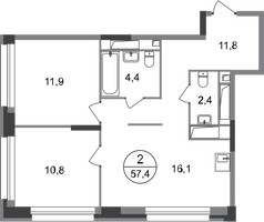 Планировка двухкомнатной(квартира) площадью 57.4 квадратных метров в “ЖК Первый Московский”
